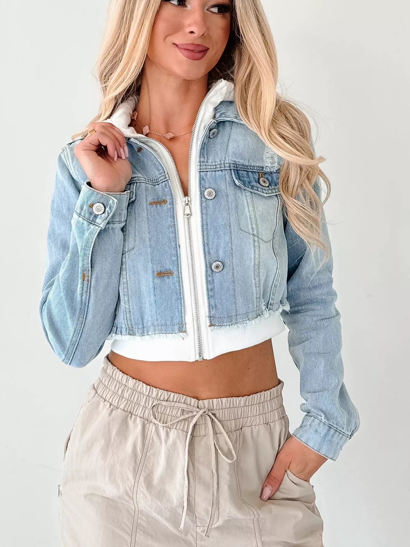 Distressed Zip-Up Cropped Hooded Jacket – Trendy Women’s Jean Jacket