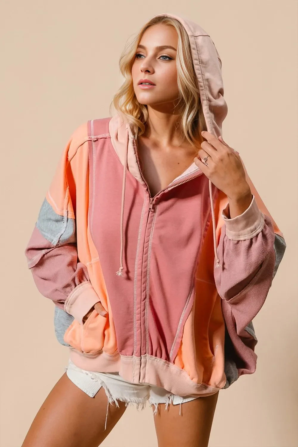 Double Take Full Size Color Block Zip-Up Hoodie