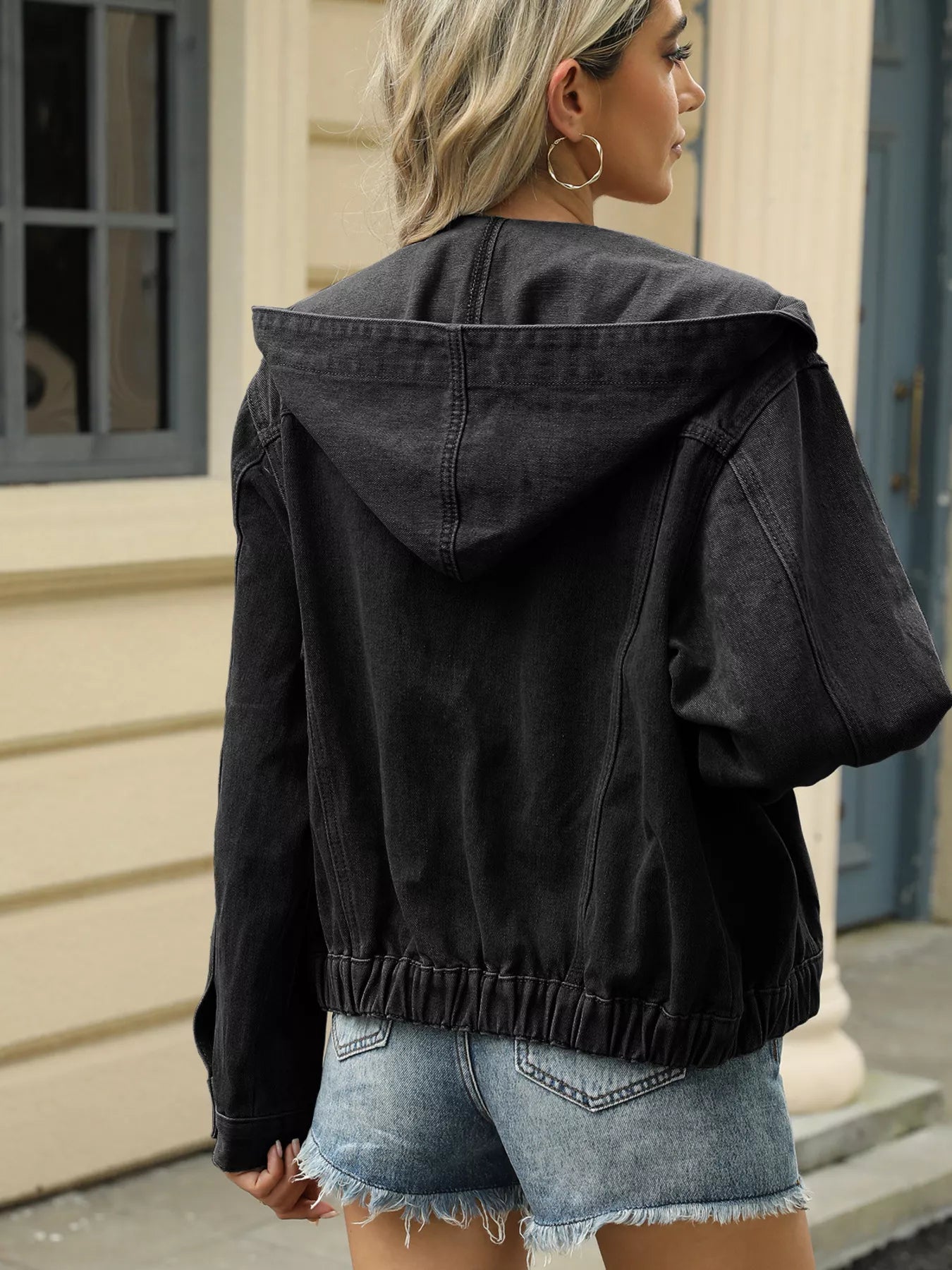 Washed Button-Up Hooded Jacket – Women’s Casual Jean Jacket
