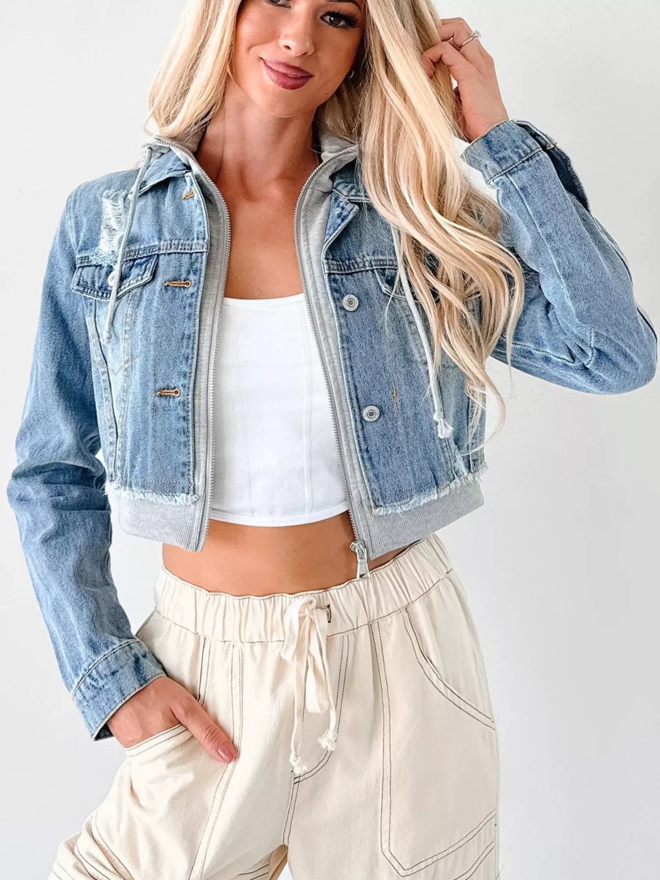 Distressed Zip-Up Cropped Hooded Jacket – Trendy Women’s Jean Jacket
