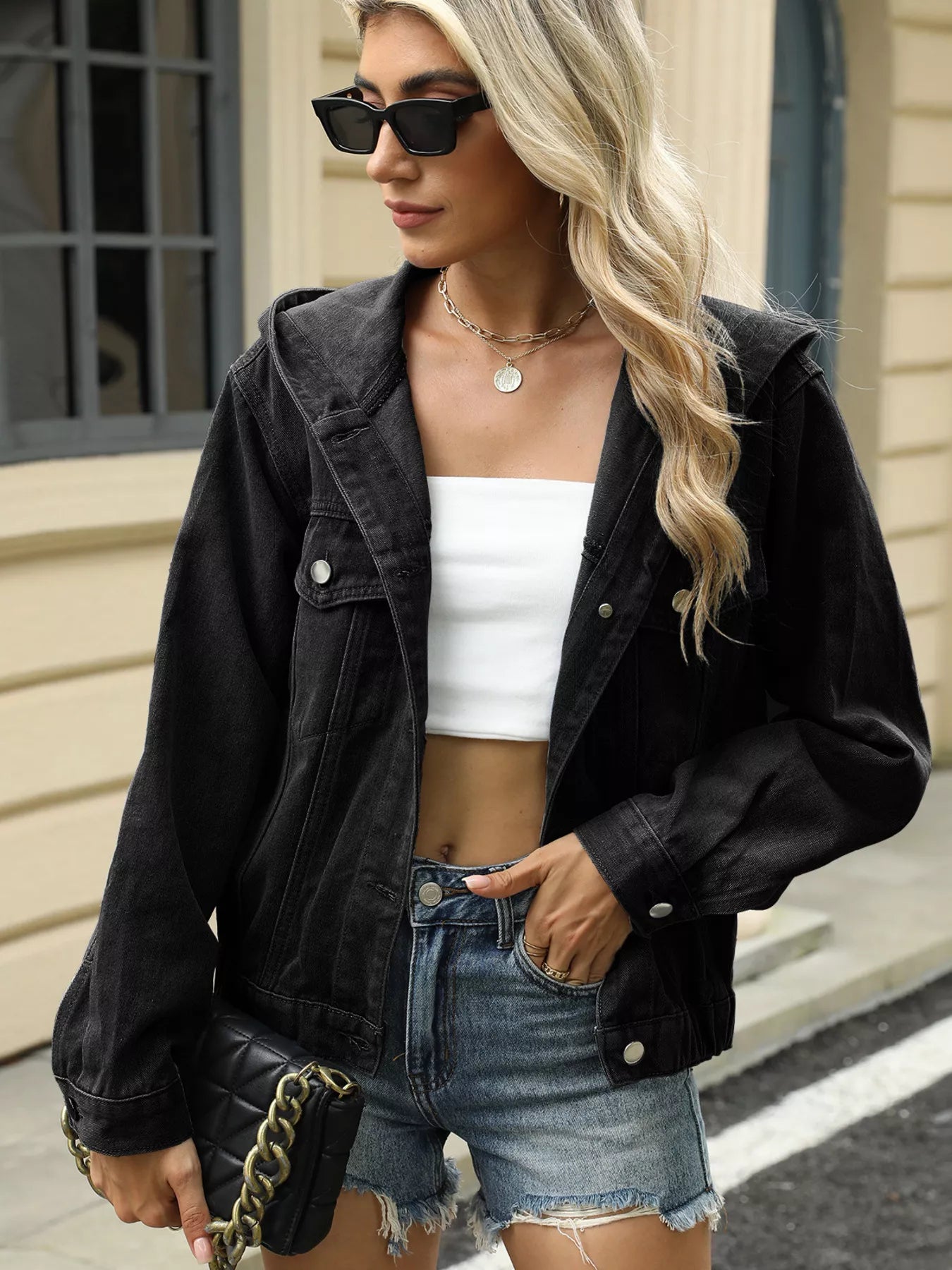 Washed Button-Up Hooded Jacket – Women’s Casual Jean Jacket