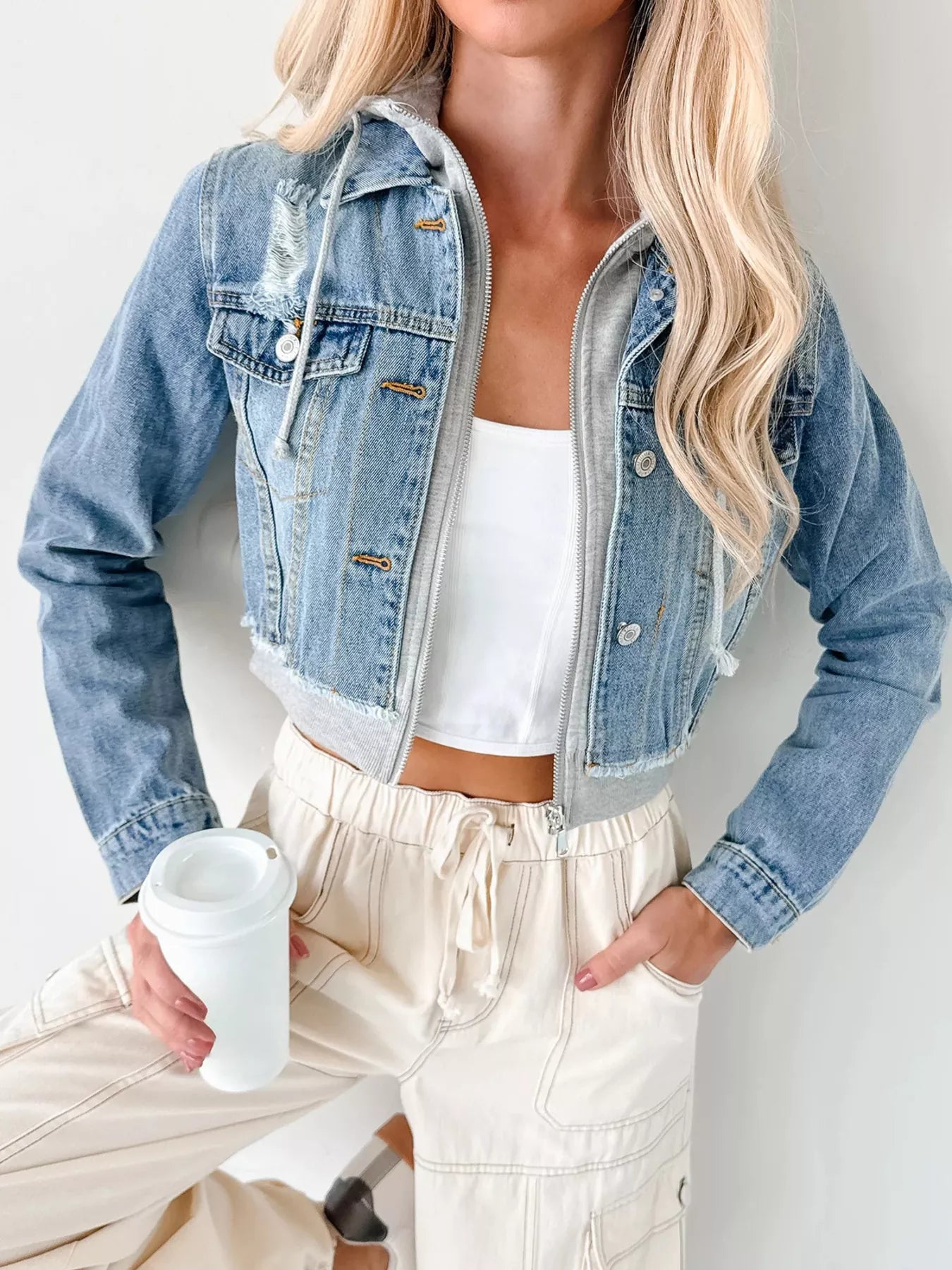 Distressed Zip-Up Cropped Hooded Jacket – Trendy Women’s Jean Jacket