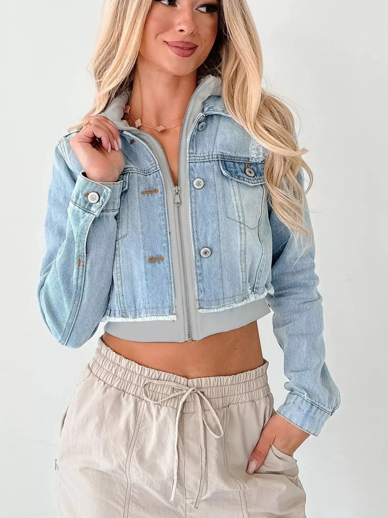 Distressed Zip-Up Cropped Hooded Jacket – Trendy Women’s Jean Jacket