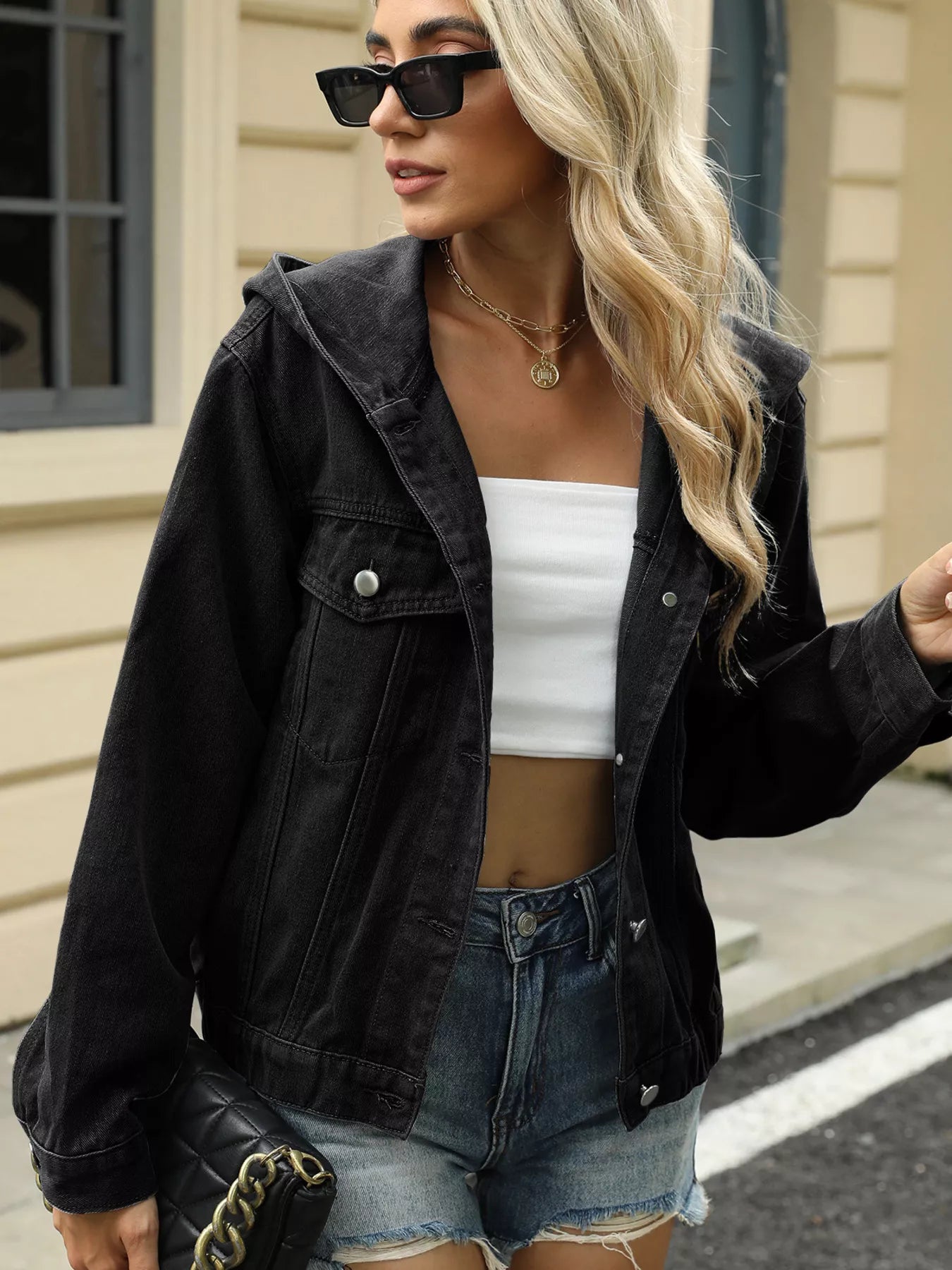 Washed Button-Up Hooded Jacket – Women’s Casual Jean Jacket