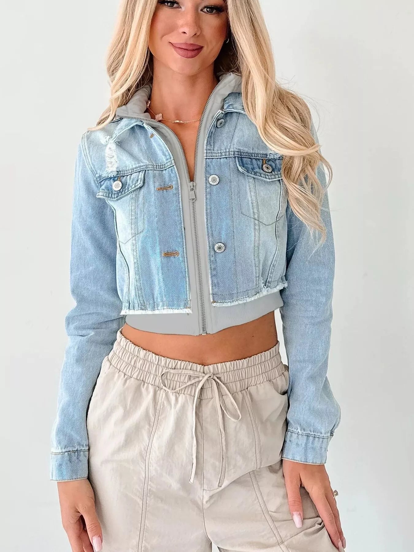 Distressed Zip-Up Cropped Hooded Jacket – Trendy Women’s Jean Jacket
