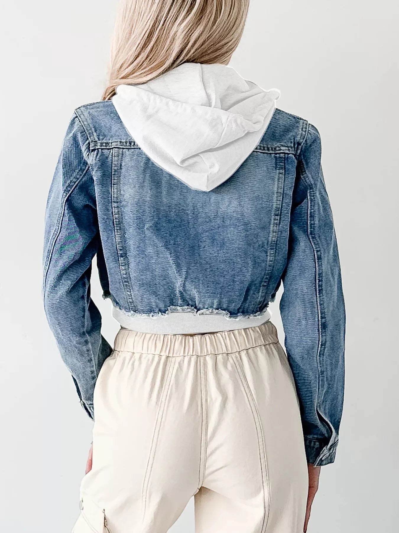 Distressed Zip-Up Cropped Hooded Jacket – Trendy Women’s Jean Jacket