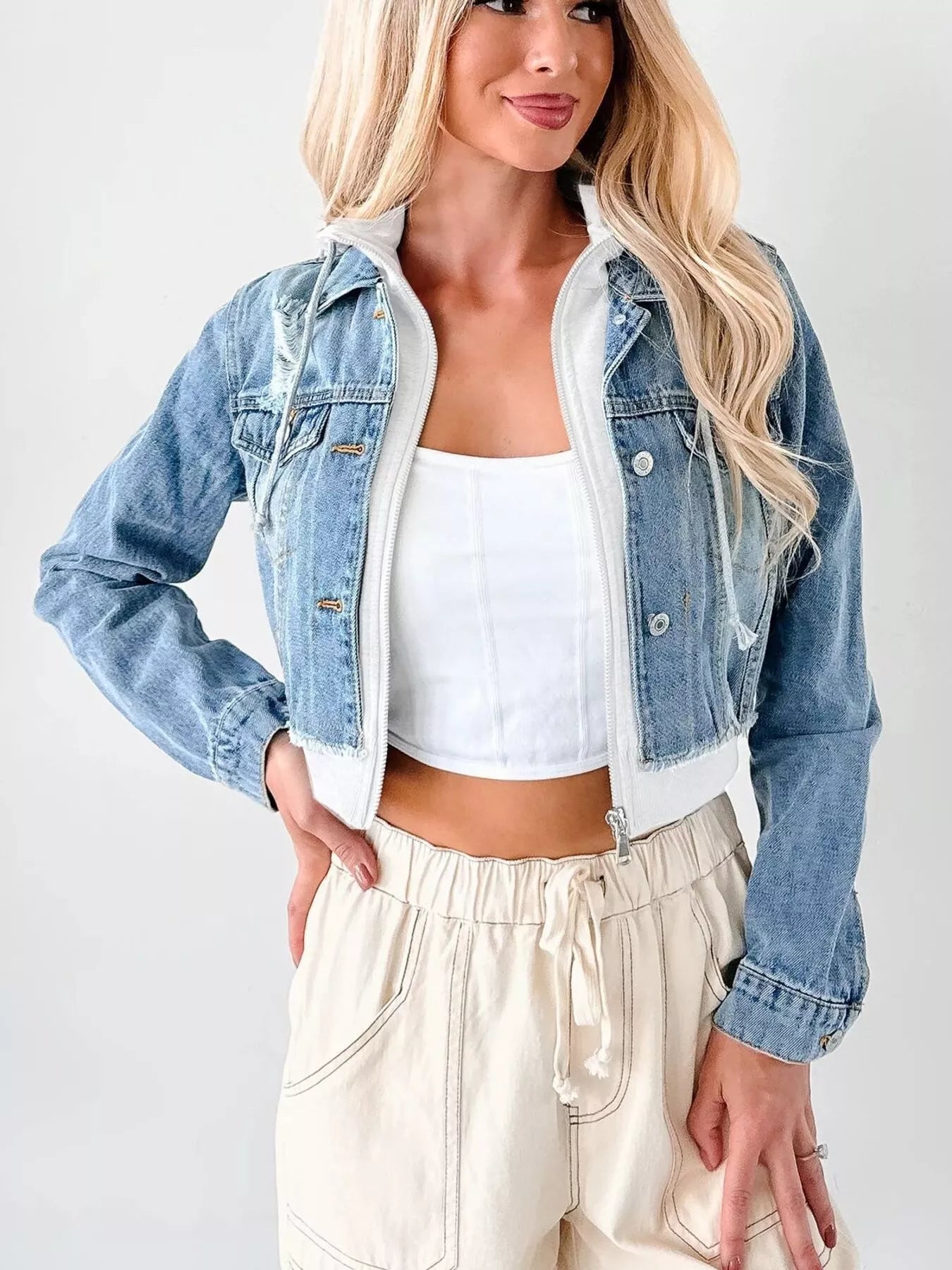 Distressed Zip-Up Cropped Hooded Jacket – Trendy Women’s Jean Jacket