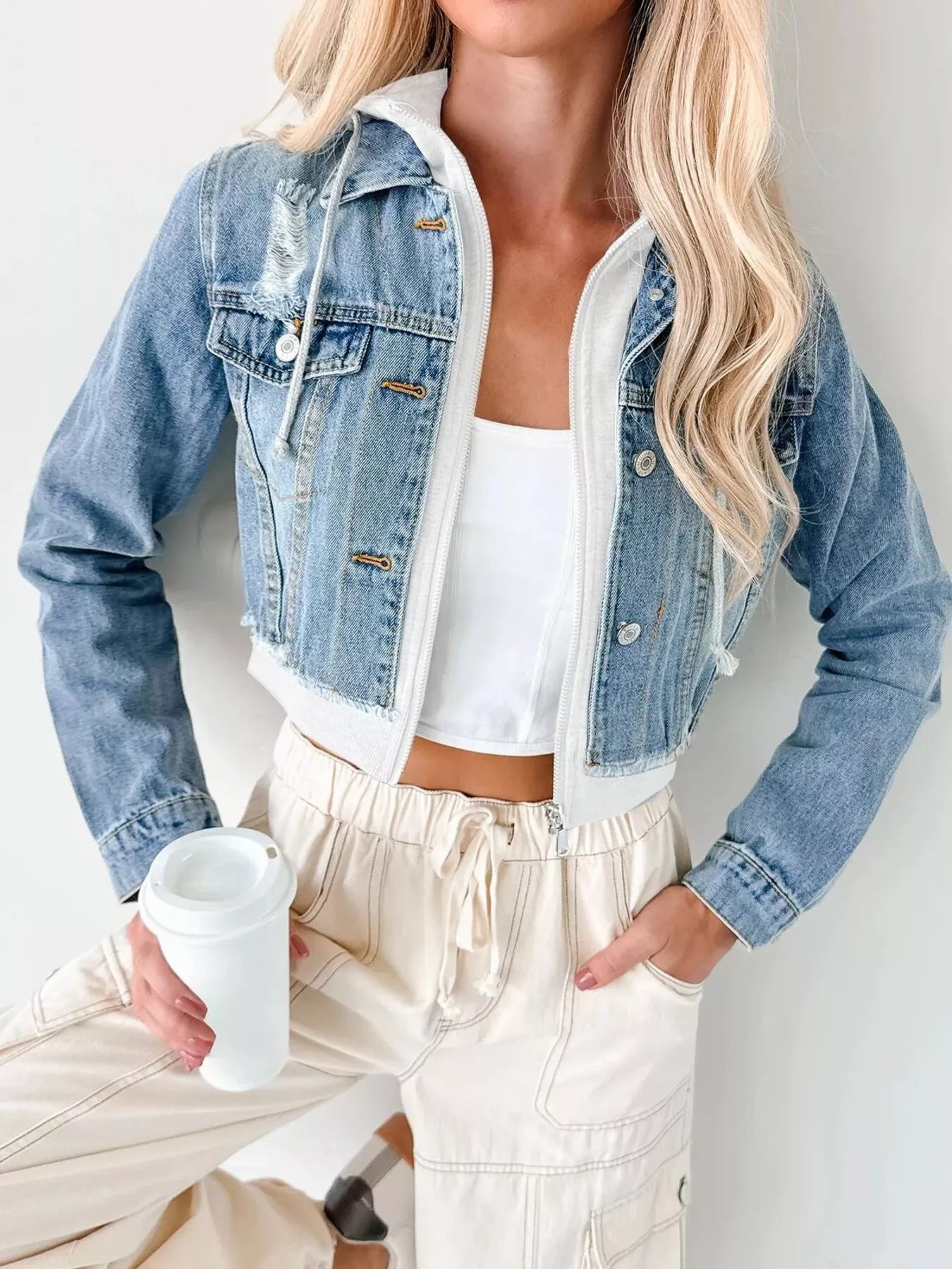 Distressed Zip-Up Cropped Hooded Jacket – Trendy Women’s Jean Jacket